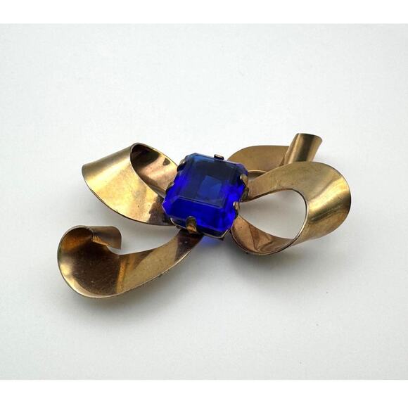 Vintage 1940s Retro Sterling Vermeil Bow Brooch with Blue Glass Stone - Picture 1 of 8